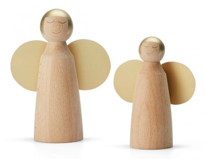 Zwei Larissa Engel Holzfiguren von Philippi, Weihnachtsdeko mit goldenen Akzenten und Flügeln.